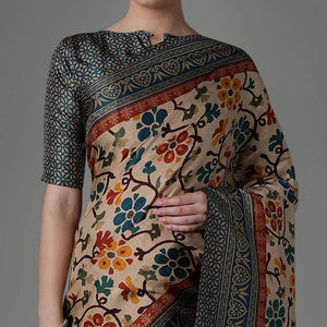Beige Casual Art Silk Printed Saree With Unstitched Blouse - Peachmode