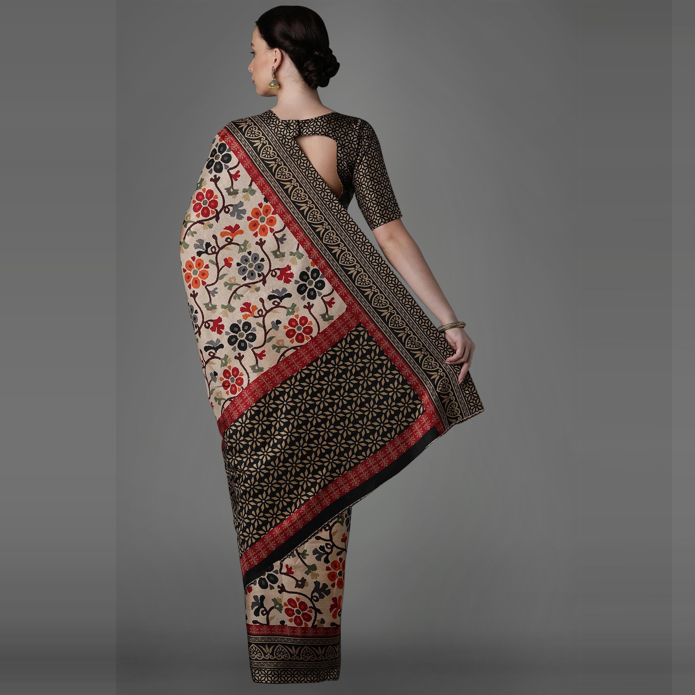 Beige Casual Art Silk Printed Saree With Unstitched Blouse - Peachmode