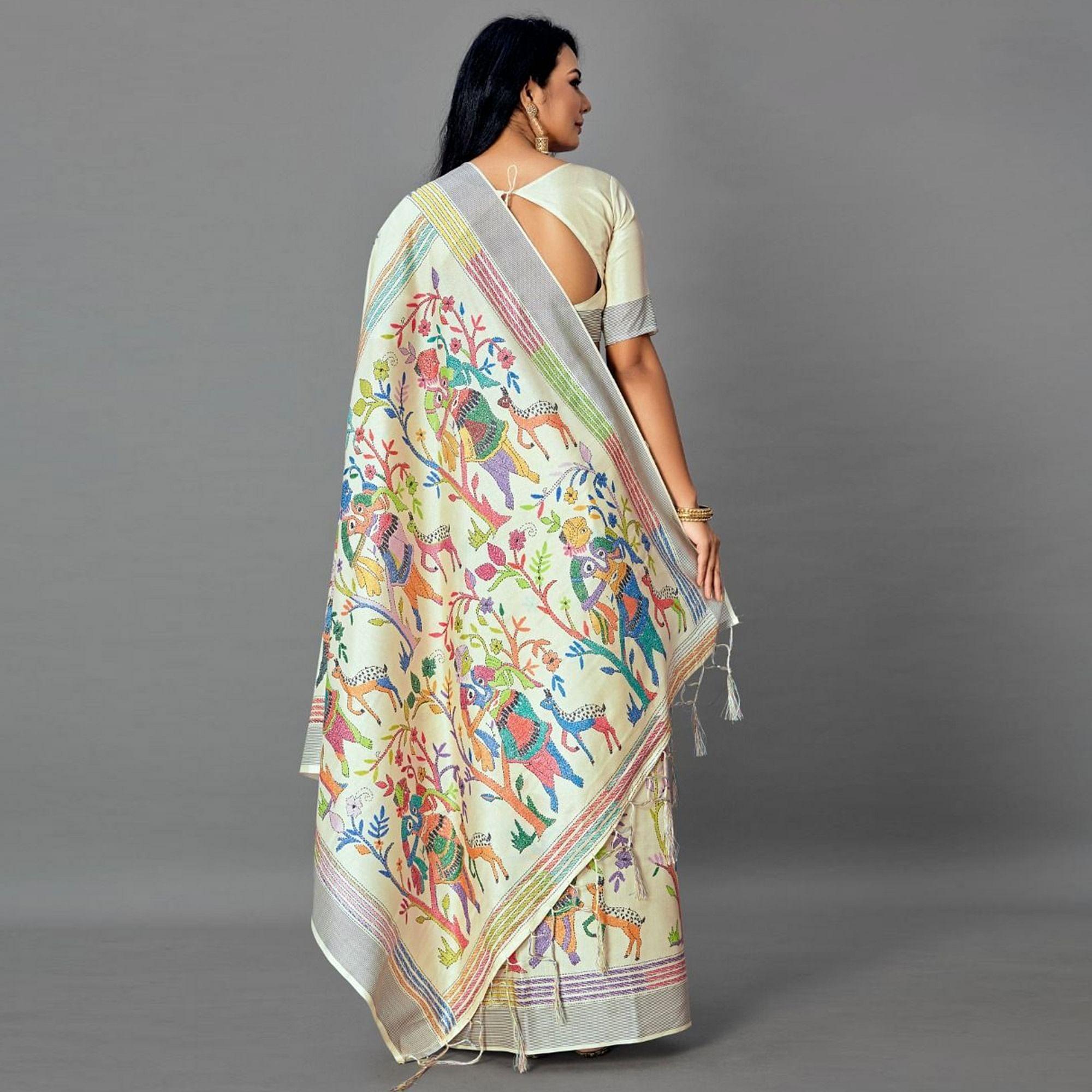 Beige Casual Art Silk Printed Saree With Unstitched Blouse - Peachmode