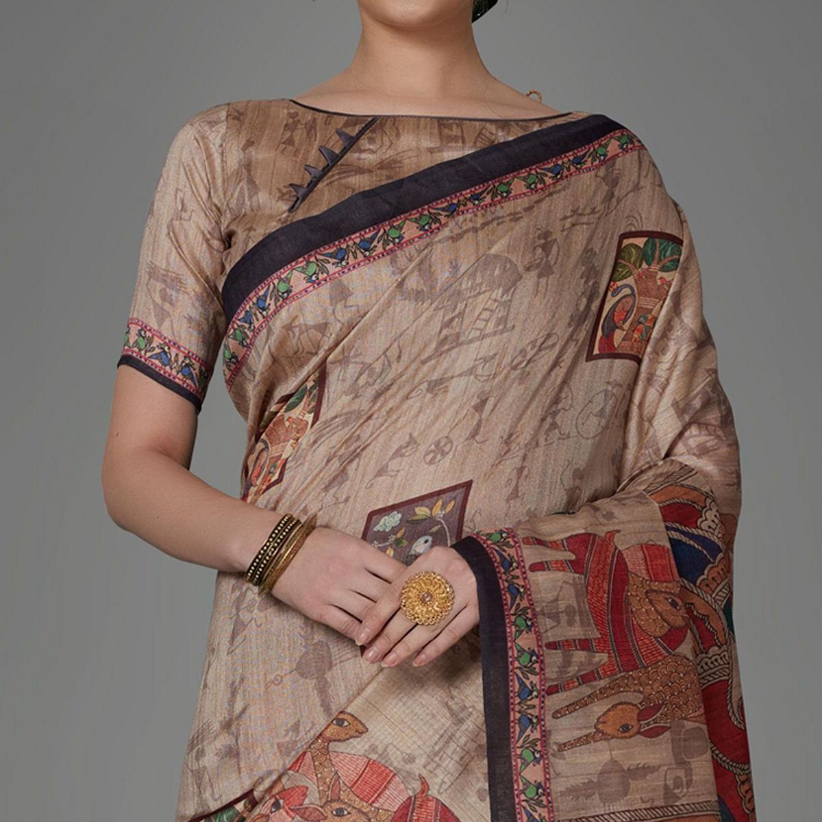 Beige Casual Art Silk Printed Saree With Unstitched Blouse - Peachmode