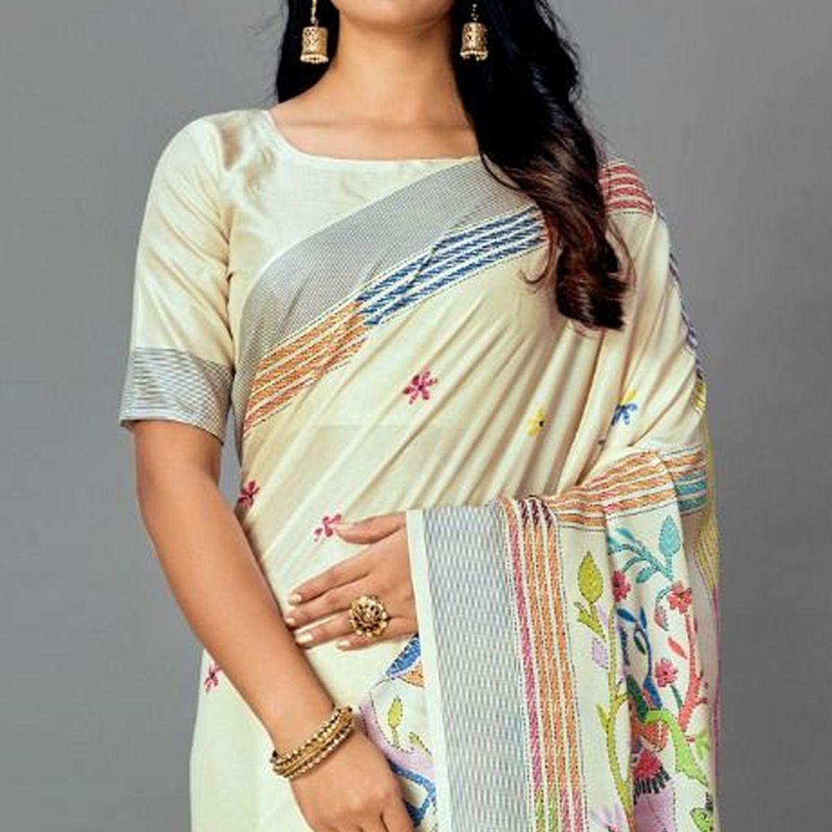 Beige Casual Art Silk Printed Saree With Unstitched Blouse - Peachmode
