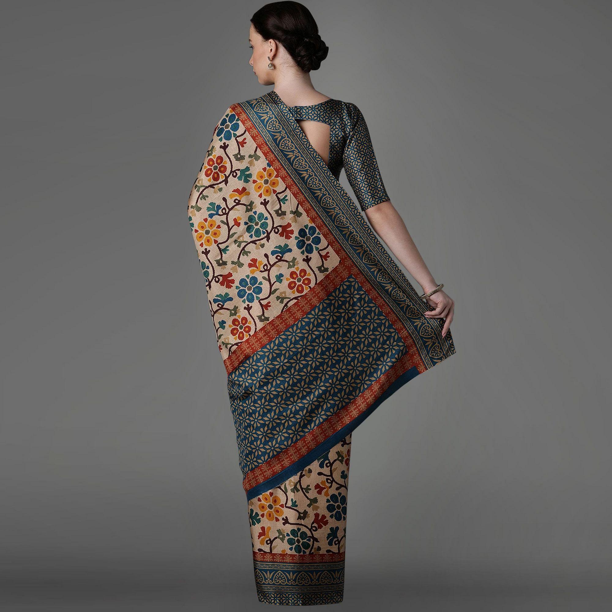 Beige Casual Art Silk Printed Saree With Unstitched Blouse - Peachmode