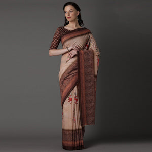 Beige Casual Cotton Silk Printed Saree With Unstitched Blouse - Peachmode
