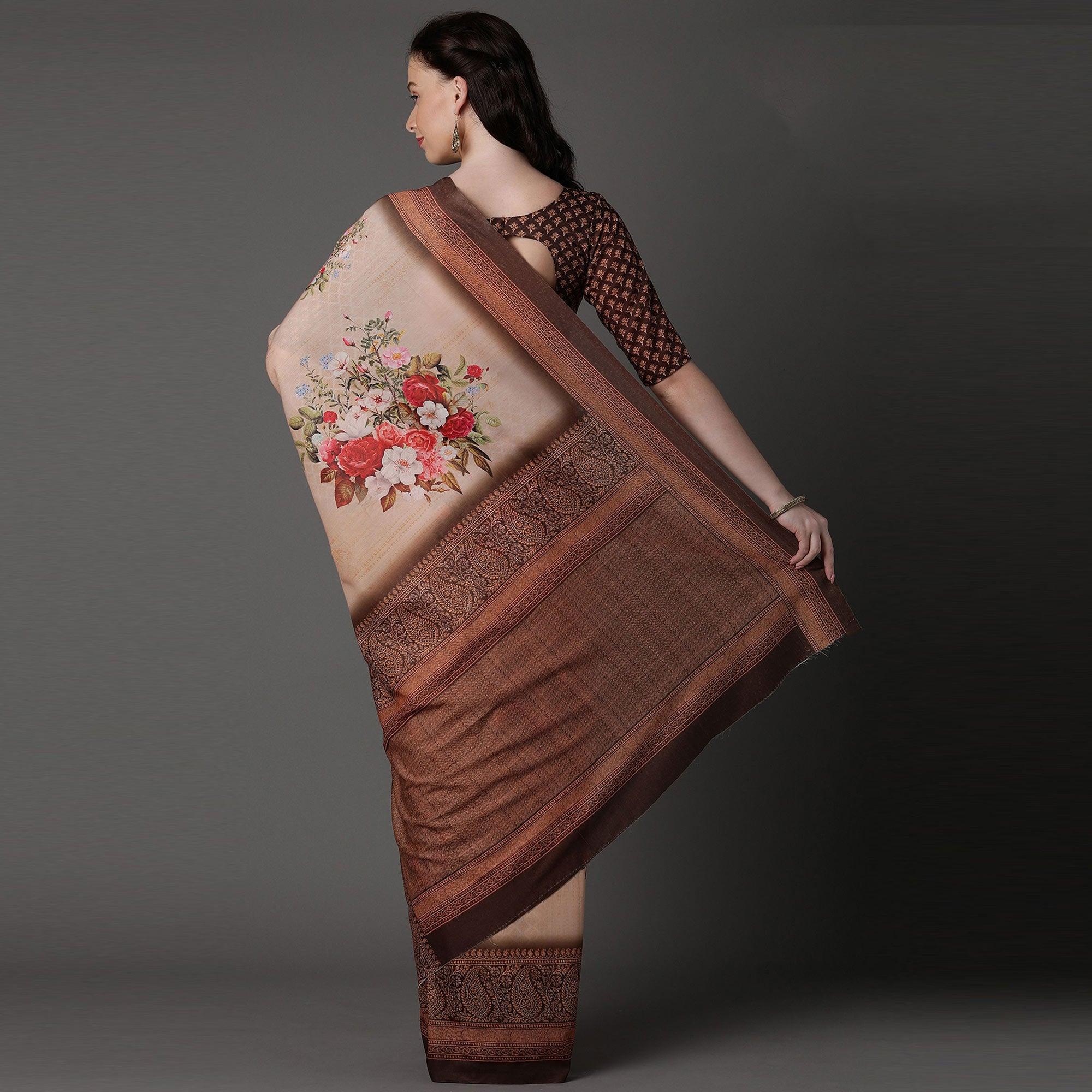 Beige Casual Cotton Silk Printed Saree With Unstitched Blouse - Peachmode