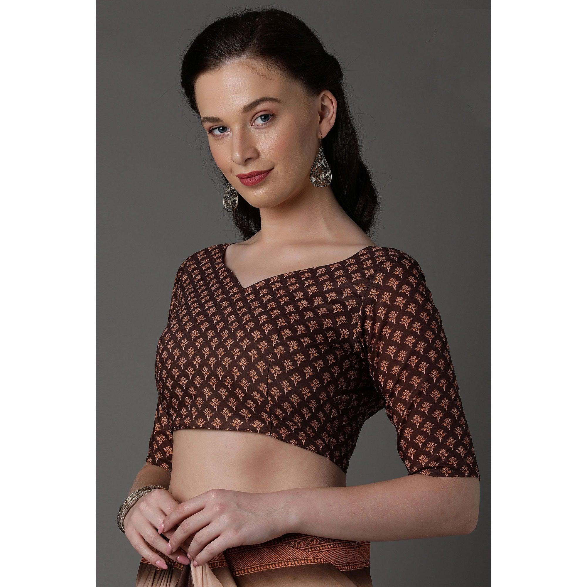 Beige Casual Cotton Silk Printed Saree With Unstitched Blouse - Peachmode