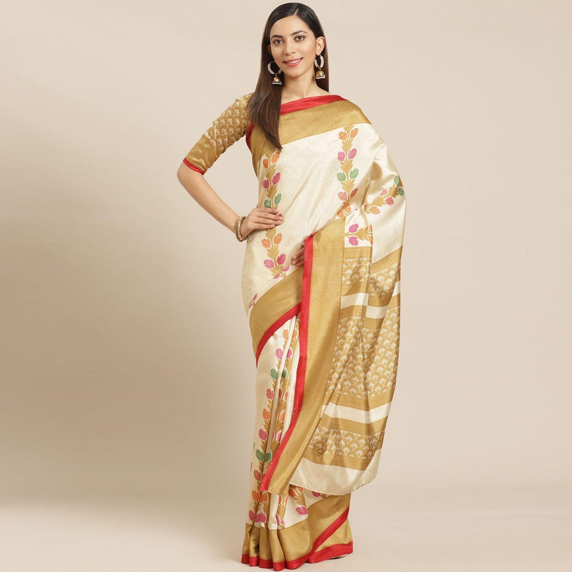 Beige Casual Silk Blend Printed Saree With Unstitched Blouse - Peachmode