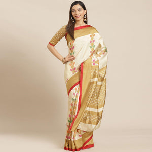 Beige Casual Silk Blend Printed Saree With Unstitched Blouse - Peachmode