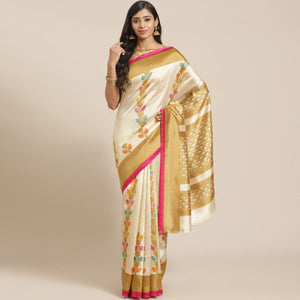 Beige Casual Silk Blend Printed Saree With Unstitched Blouse - Peachmode
