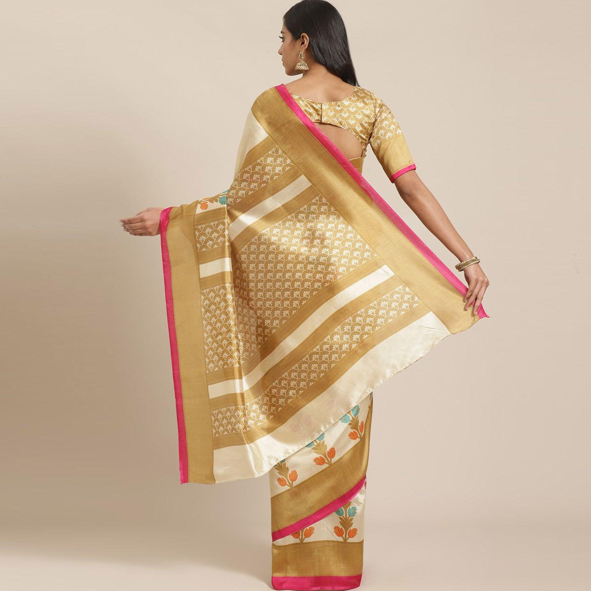 Beige Casual Silk Blend Printed Saree With Unstitched Blouse - Peachmode