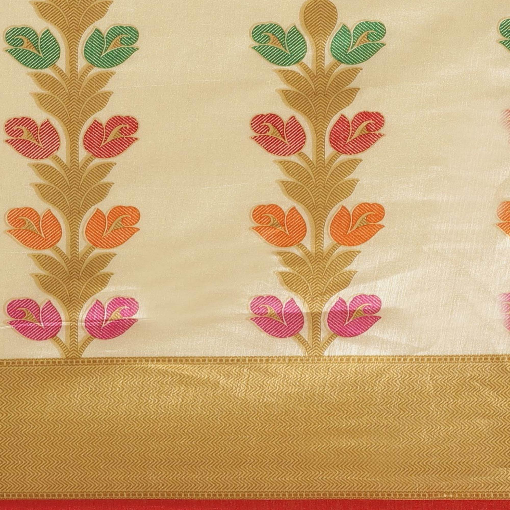 Beige Casual Silk Blend Printed Saree With Unstitched Blouse - Peachmode