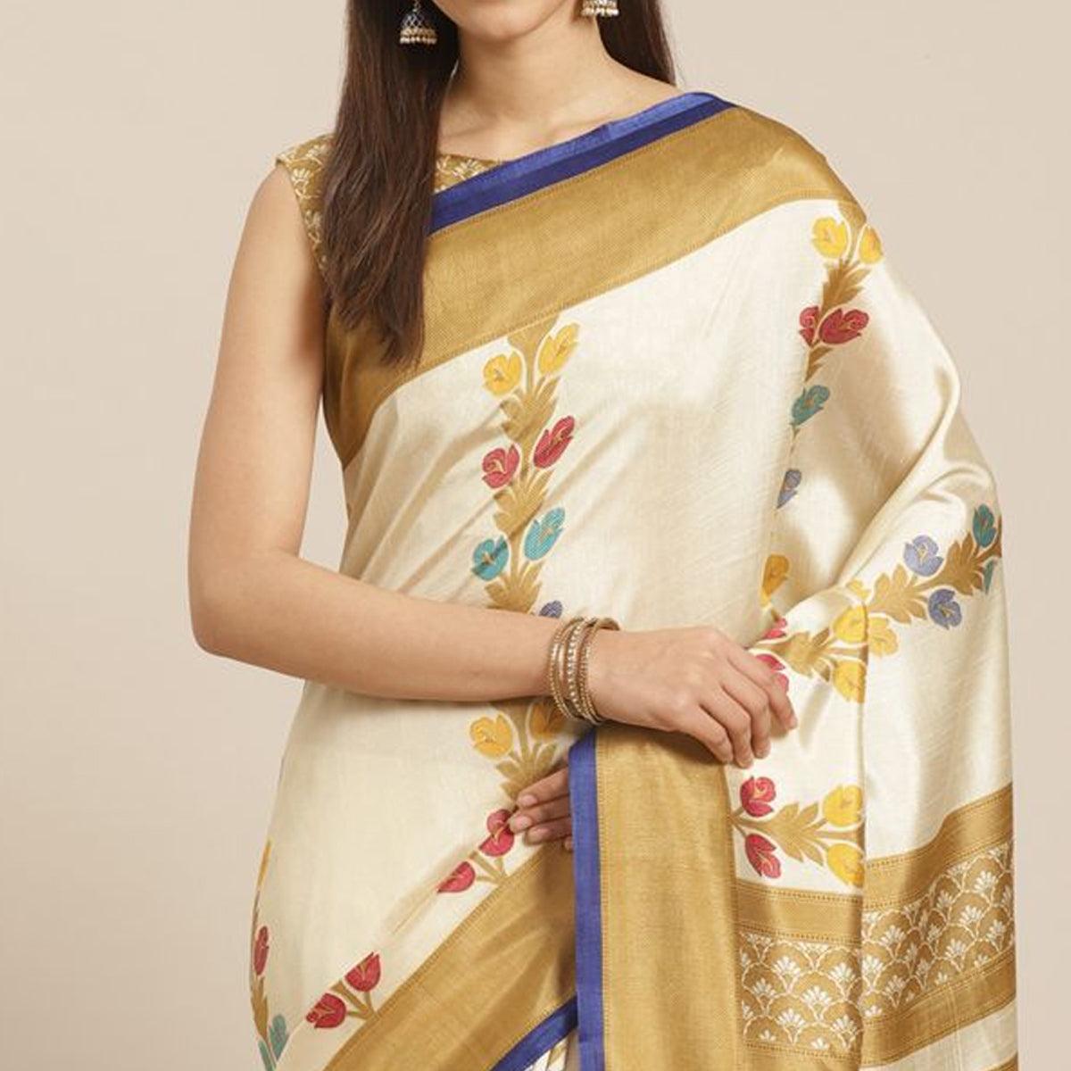Beige Casual Silk Blend Printed Saree With Unstitched Blouse - Peachmode
