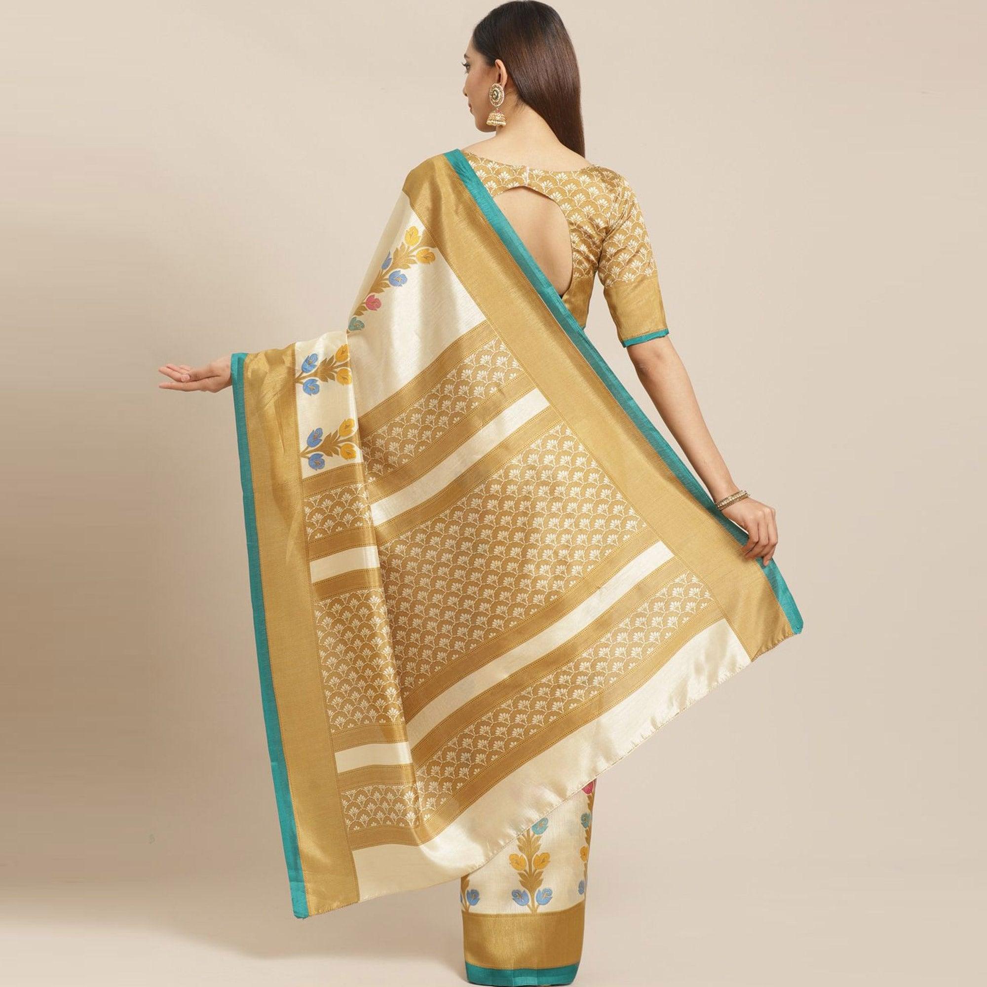 Beige Casual Silk Blend Printed Saree With Unstitched Blouse - Peachmode