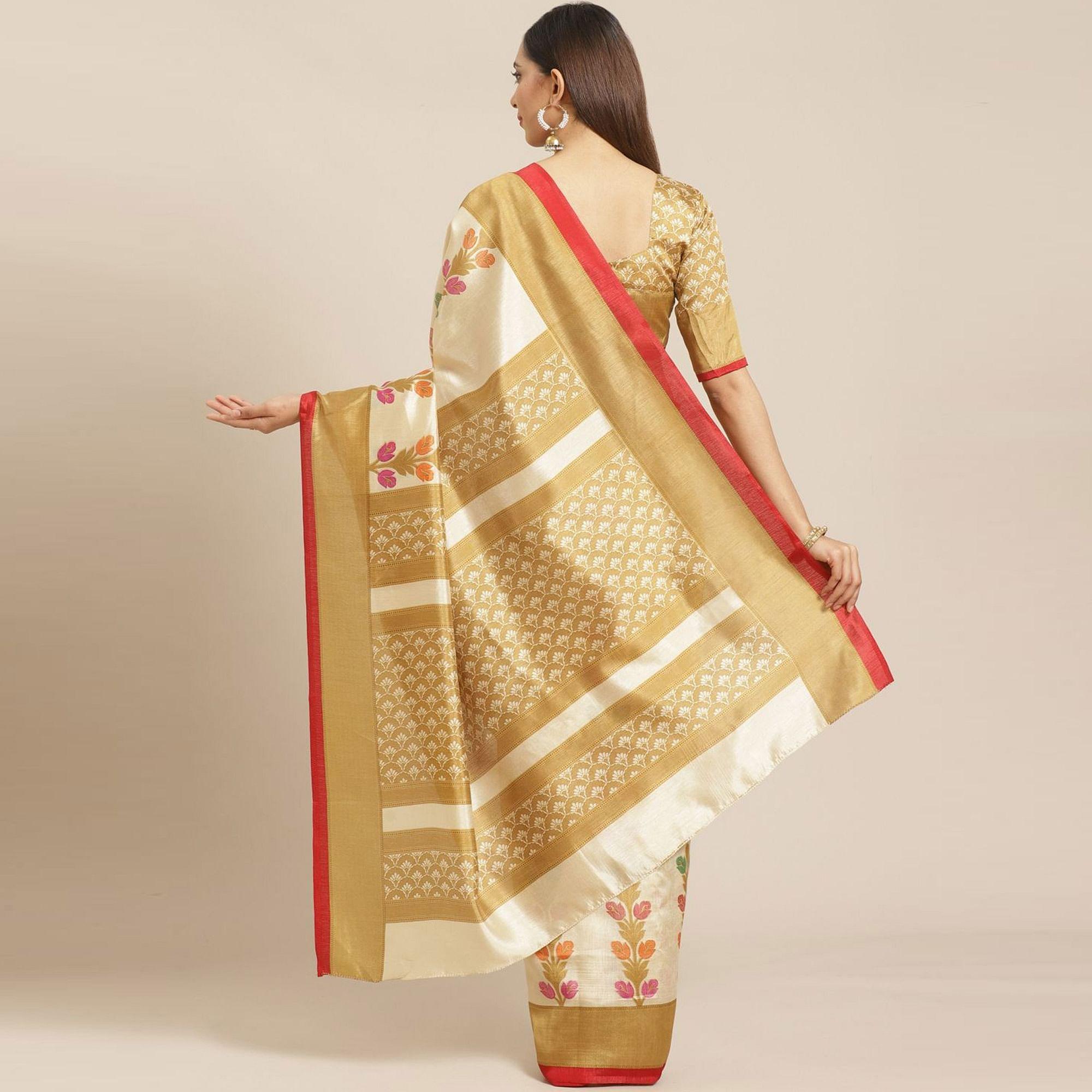 Beige Casual Silk Blend Printed Saree With Unstitched Blouse - Peachmode