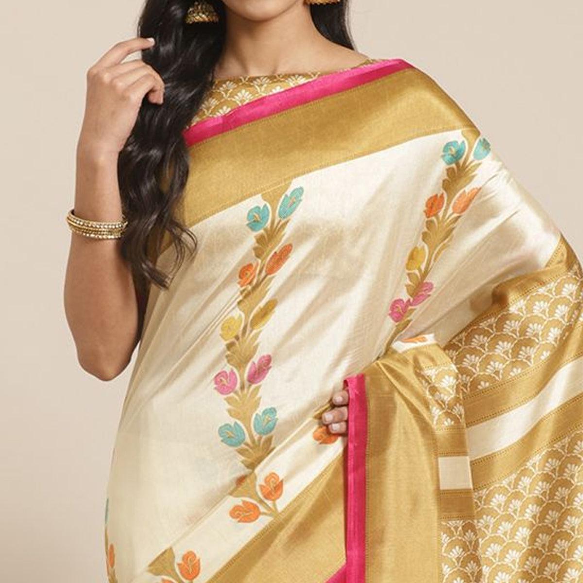 Beige Casual Silk Blend Printed Saree With Unstitched Blouse - Peachmode