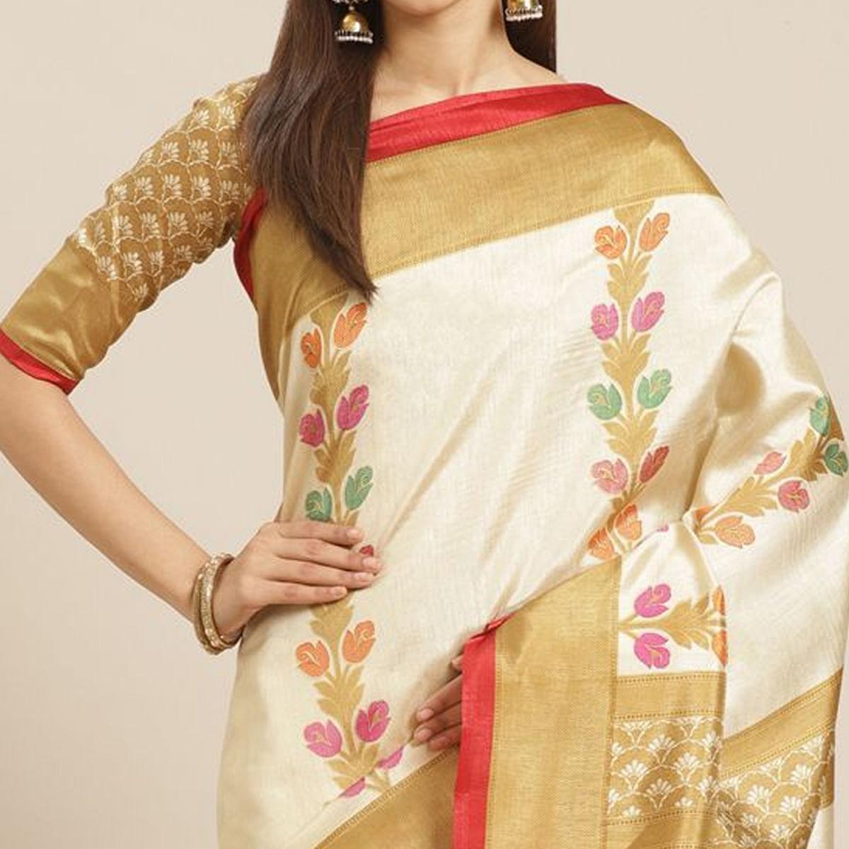 Beige Casual Silk Blend Printed Saree With Unstitched Blouse - Peachmode