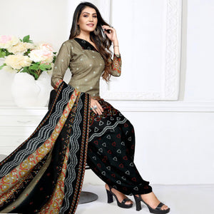 Beige Casual Wear Bandhani Printed Cotton Patiala Dress Material - Peachmode