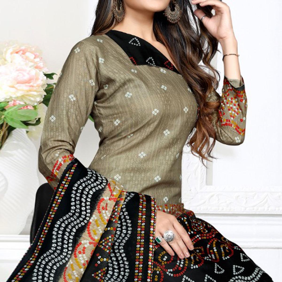 Beige Casual Wear Bandhani Printed Cotton Patiala Dress Material - Peachmode