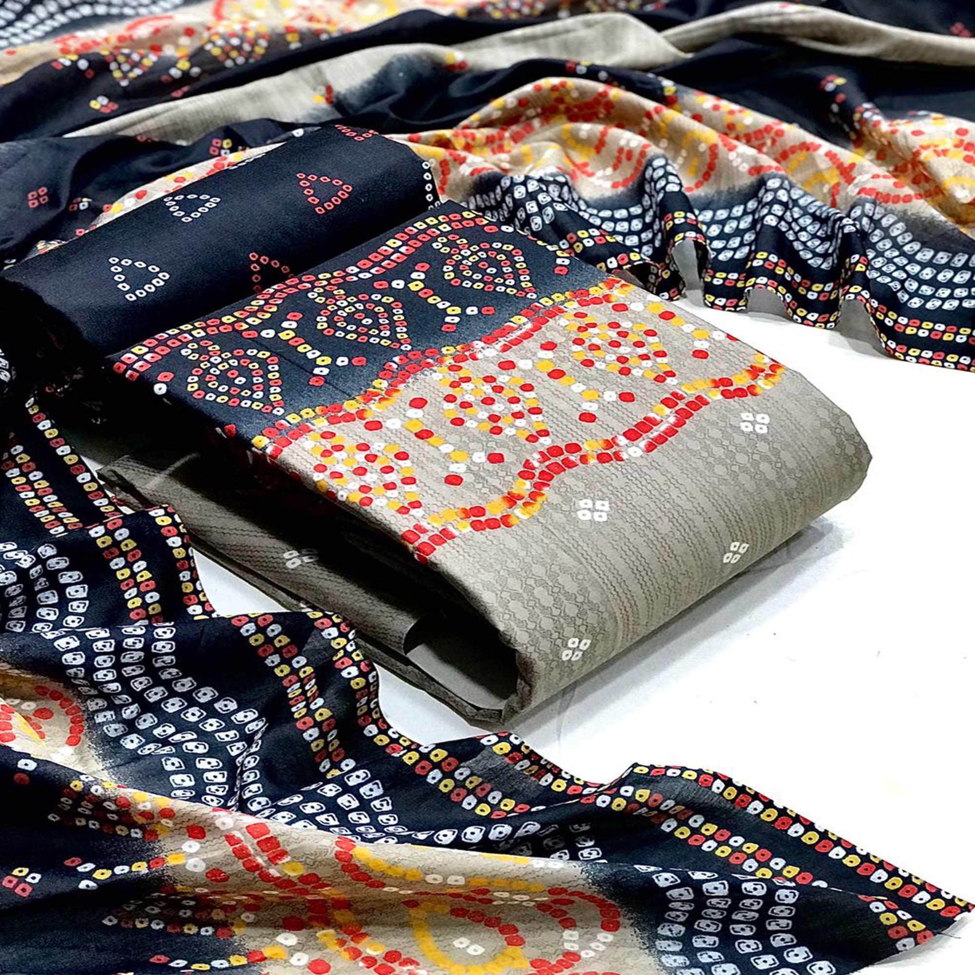 Beige Casual Wear Bandhani Printed Cotton Patiala Dress Material - Peachmode