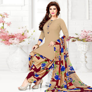 Beige Casual Wear Crepe Patiala Dress Material - Peachmode