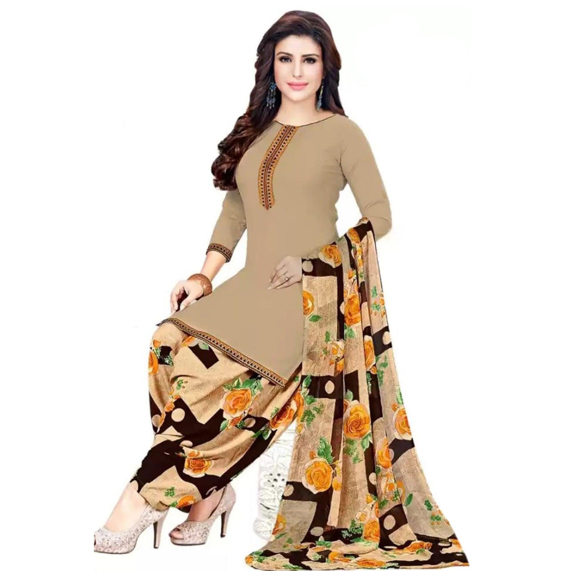 Beige Casual Wear Crepe Patiala Dress Material - Peachmode