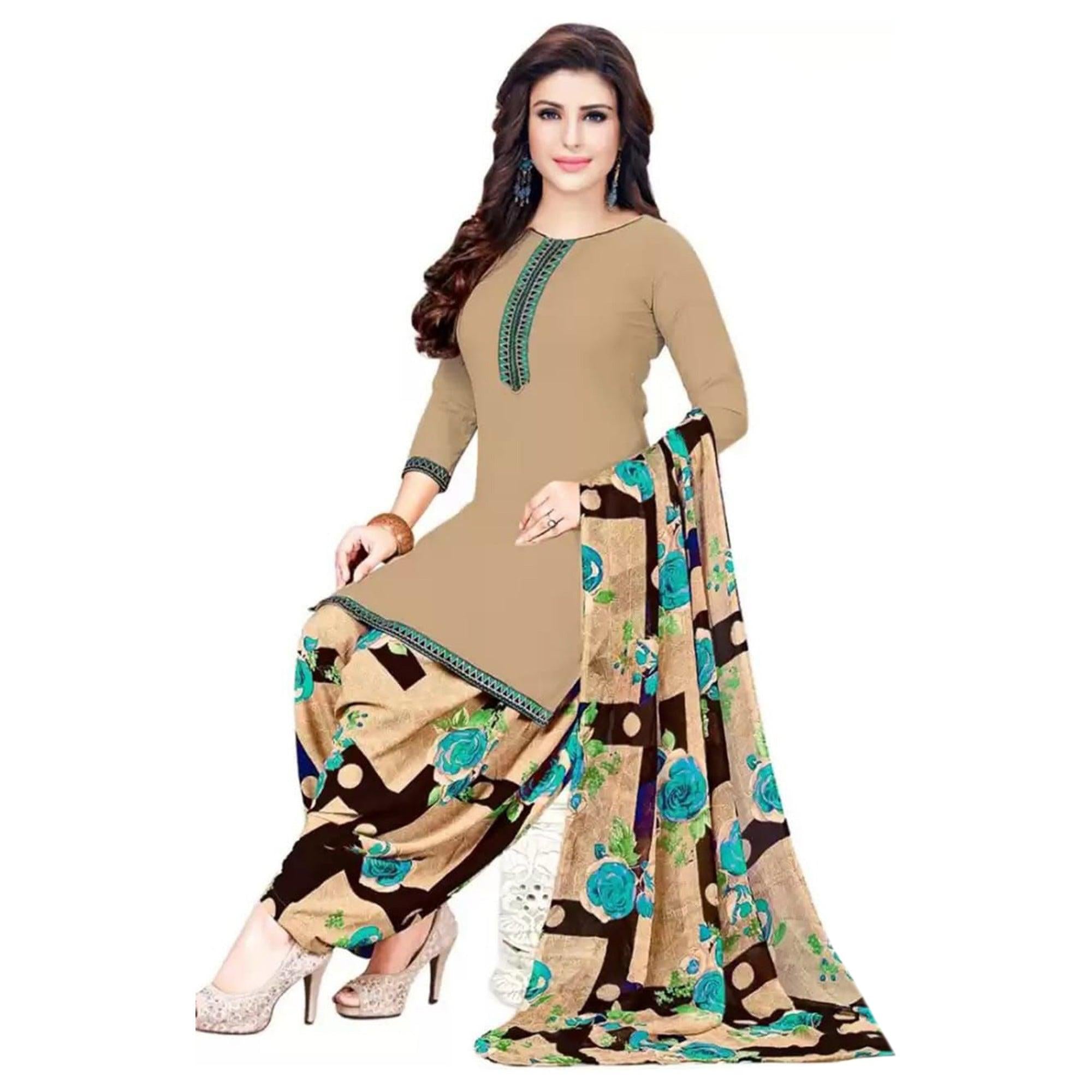 Beige Casual Wear Crepe Patiala Dress Material - Peachmode