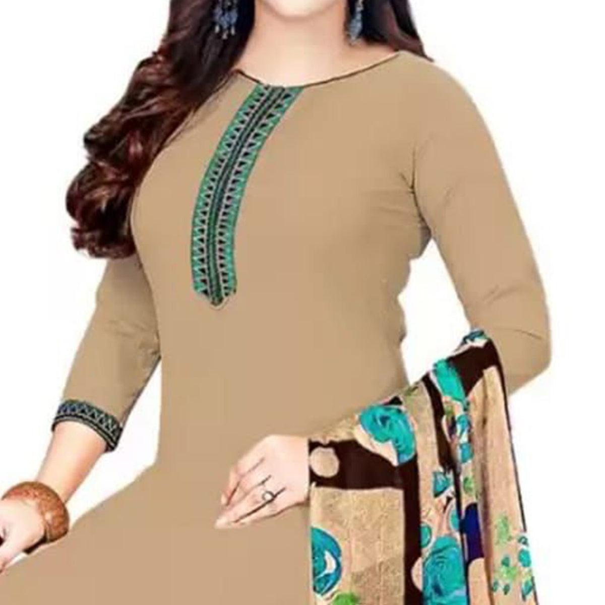 Beige Casual Wear Crepe Patiala Dress Material - Peachmode