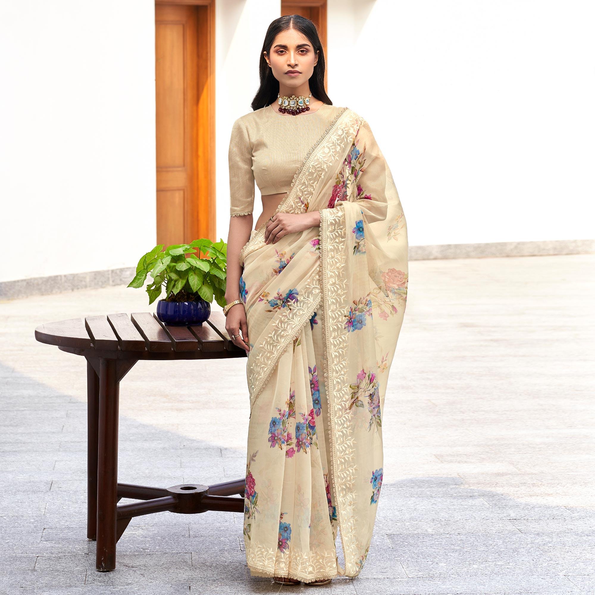 Beige Casual Wear Digital Printed Organza Saree - Peachmode
