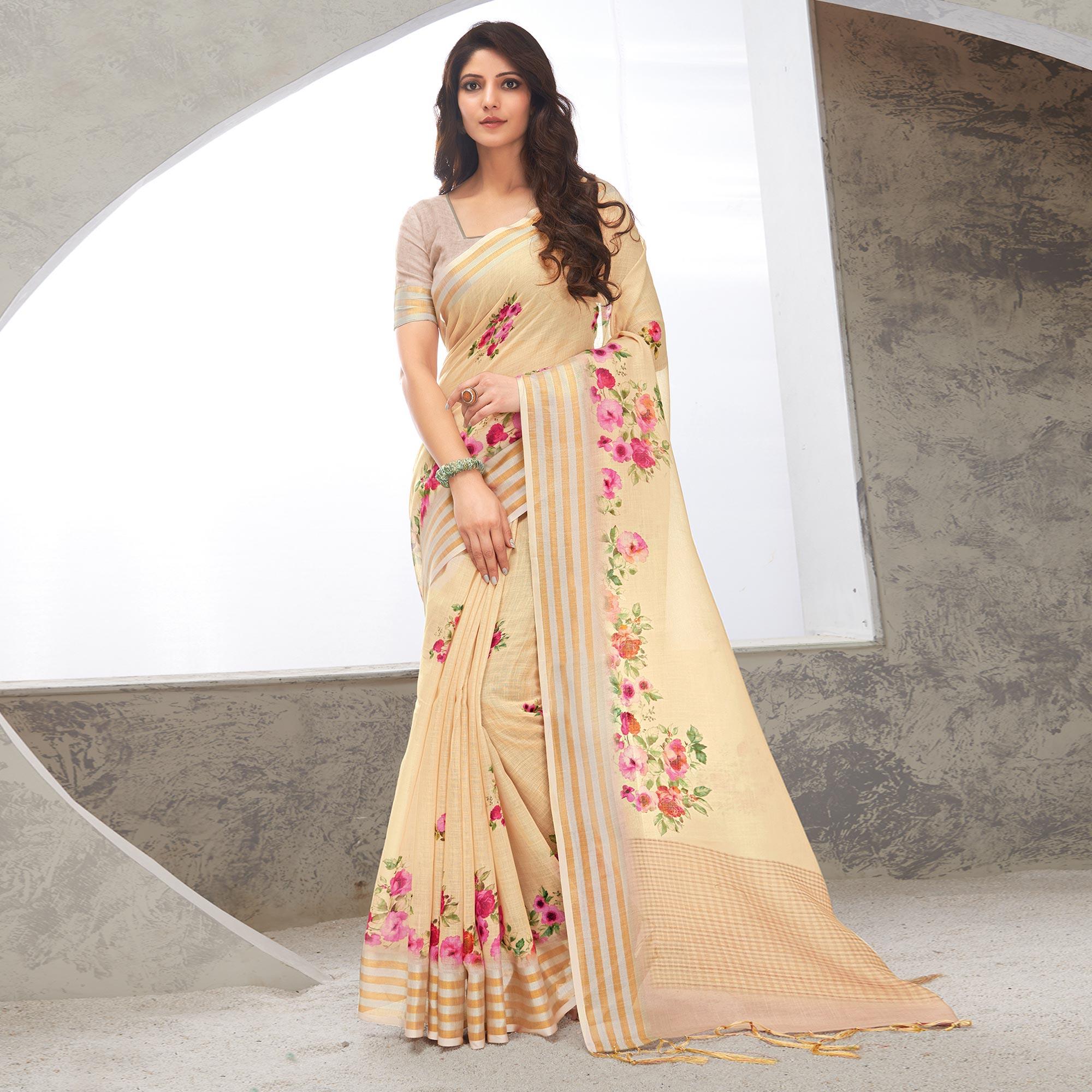 Beige Casual Wear Digital Printed Pure Linen Saree - Peachmode