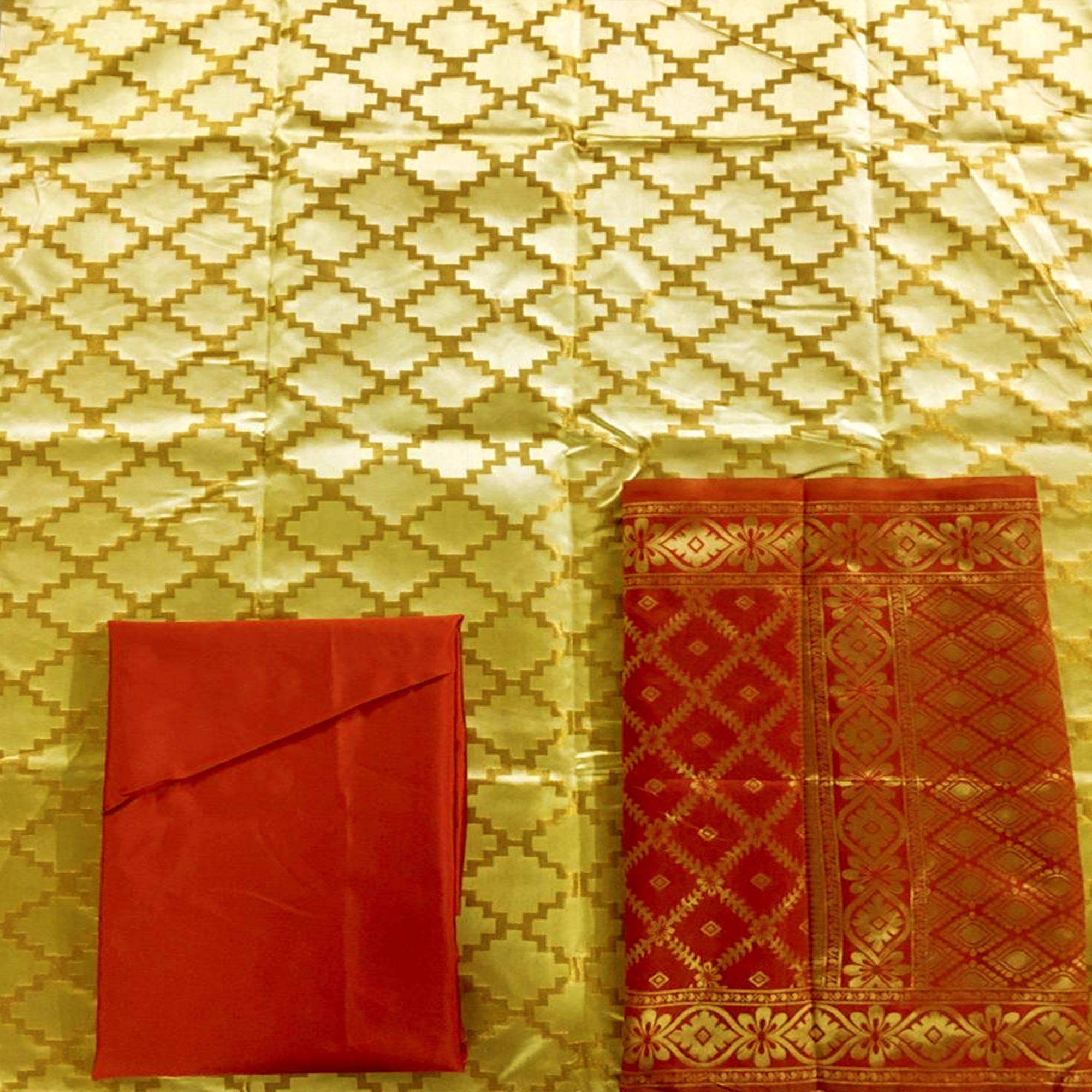 Beige Casual Wear Embroidered Banarasi Silk Dress Material - Peachmode