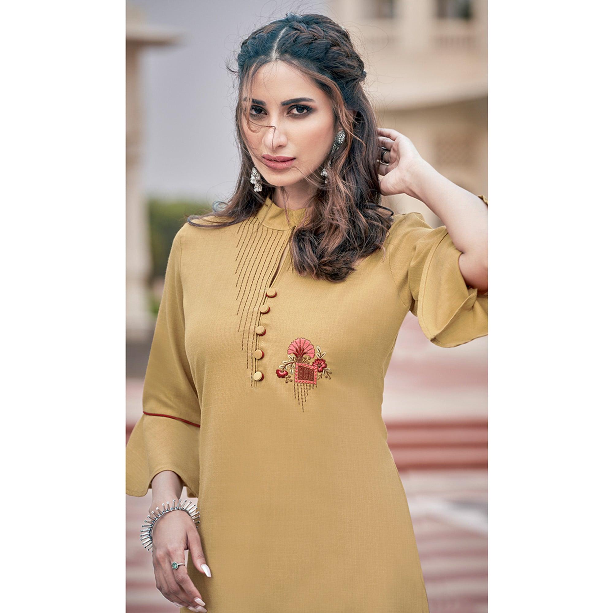 Beige Casual Wear Embroidered Cotton Palazzo Suit - Peachmode