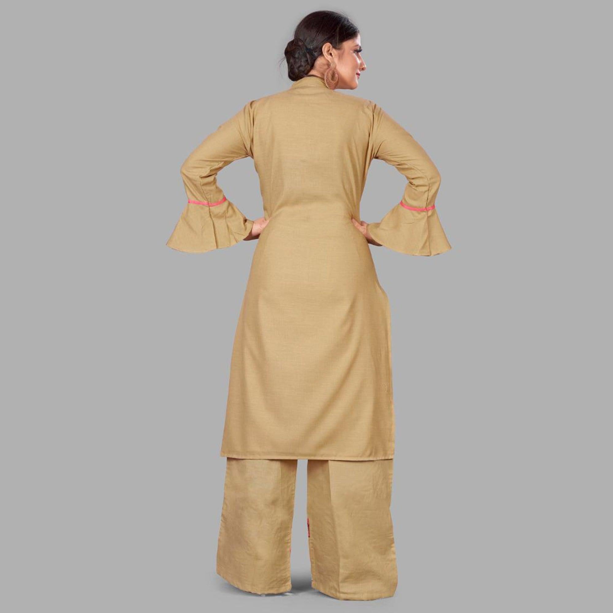 Beige Casual Wear Embroidered Cotton Palazzo Suit - Peachmode