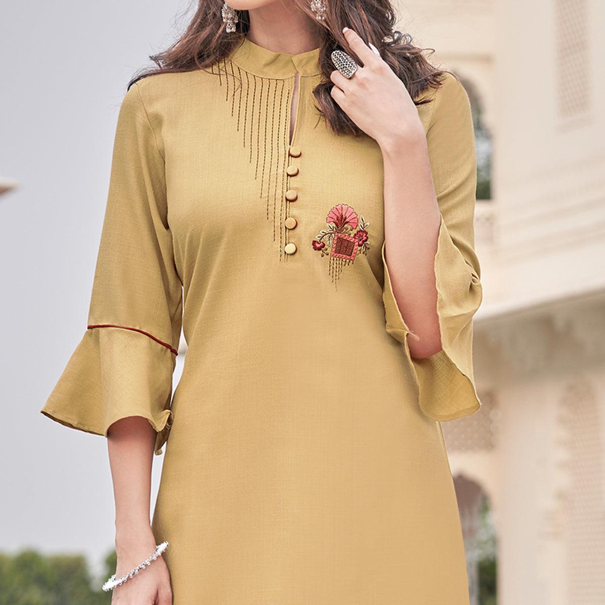 Beige Casual Wear Embroidered Cotton Palazzo Suit - Peachmode