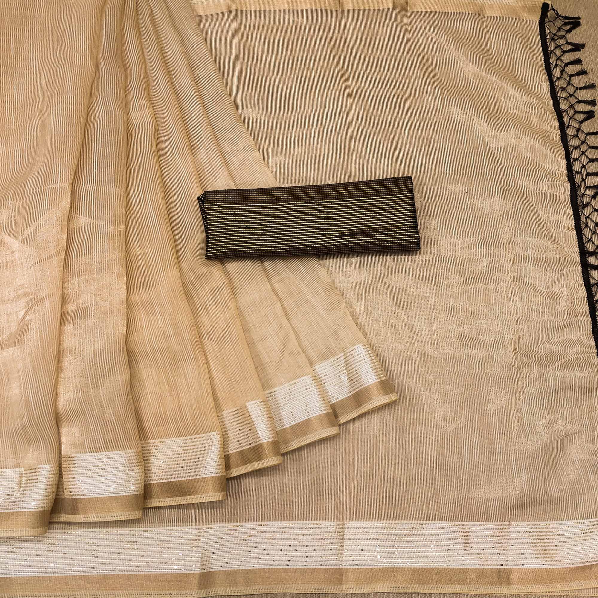 Beige Casual Wear Embroidered Cotton Saree With Tassels - Peachmode