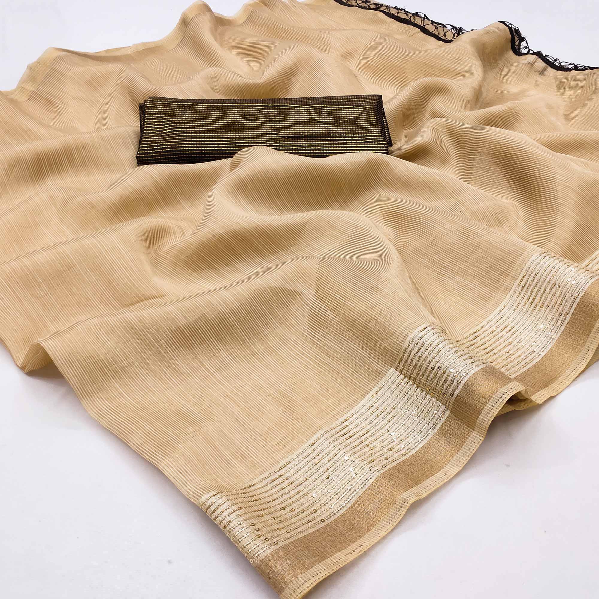 Beige Casual Wear Embroidered Cotton Saree With Tassels - Peachmode