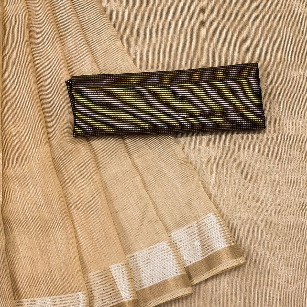 Beige Casual Wear Embroidered Cotton Saree With Tassels - Peachmode