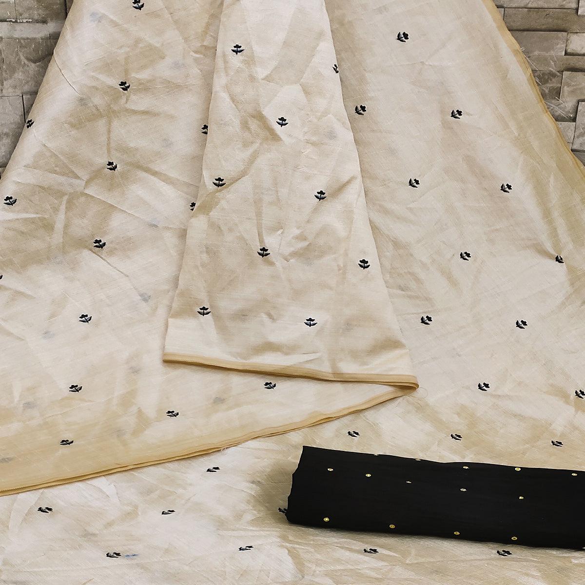 Beige Casual Wear Embroidered Cotton Silk Saree - Peachmode