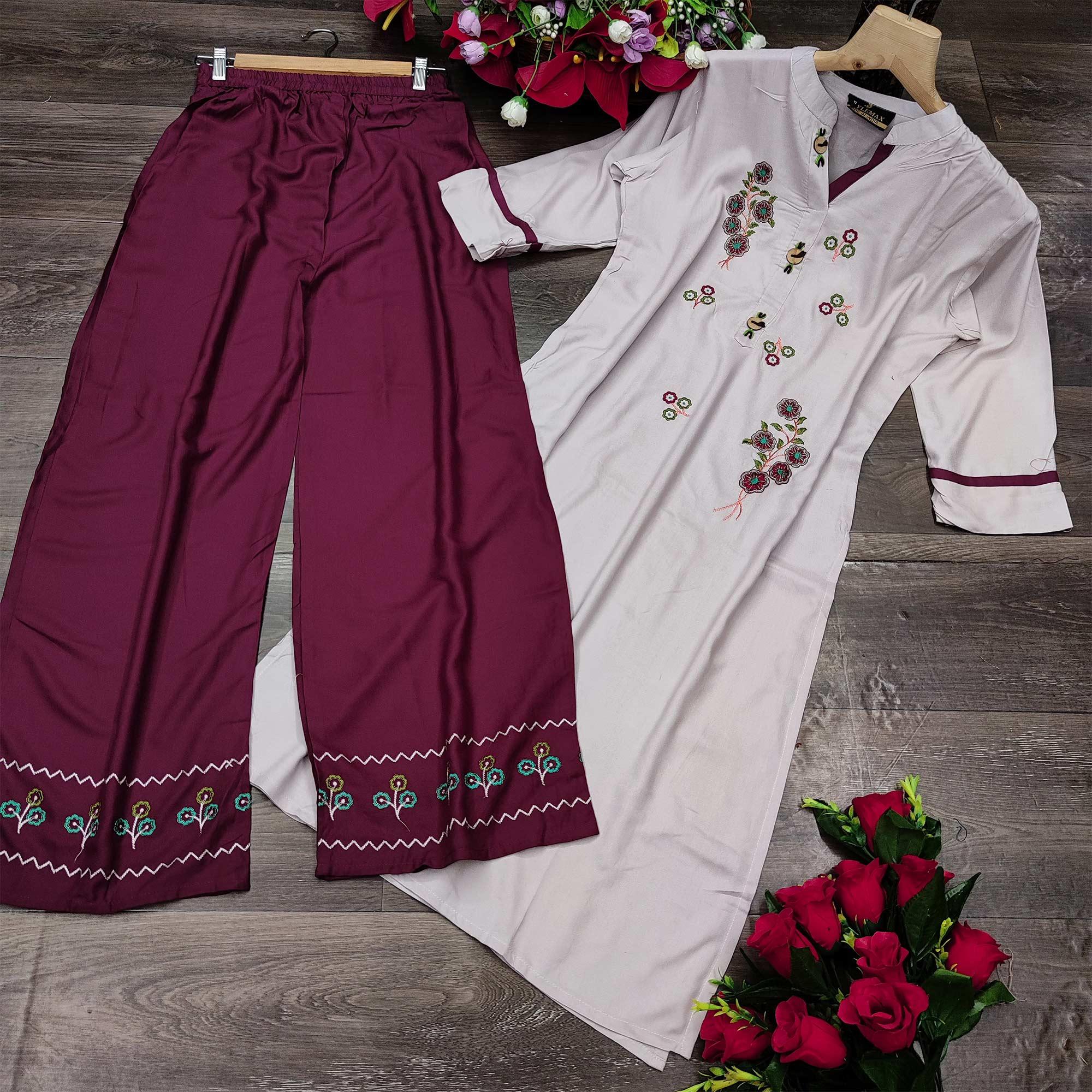 Beige Casual Wear Embroidered Heavy Rayon Kurti - Palazzo Set - Peachmode