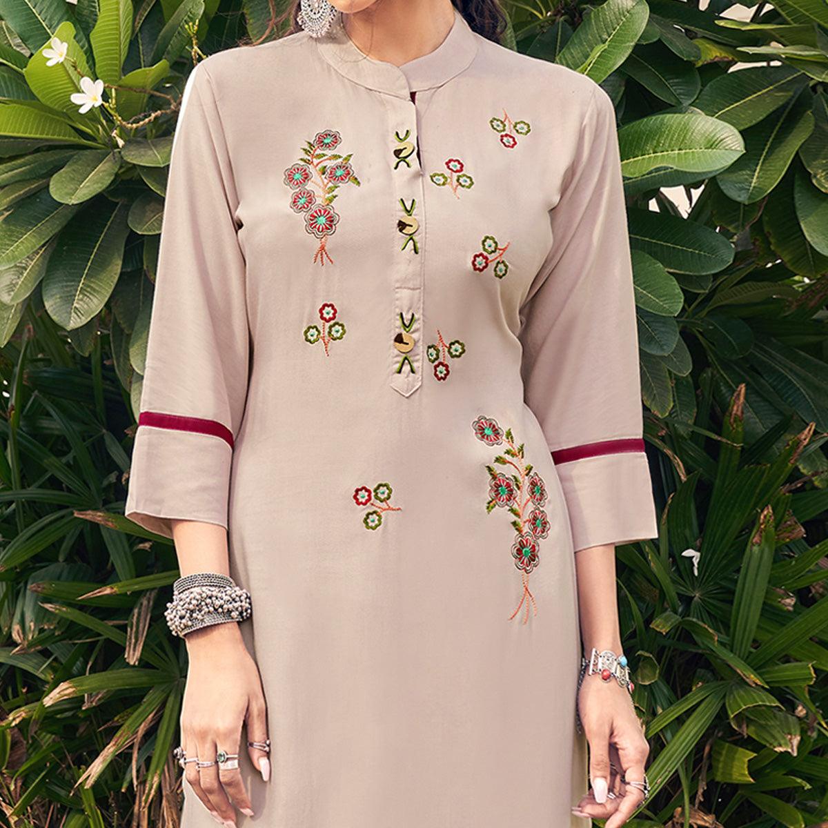 Beige Casual Wear Embroidered Heavy Rayon Kurti - Palazzo Set - Peachmode