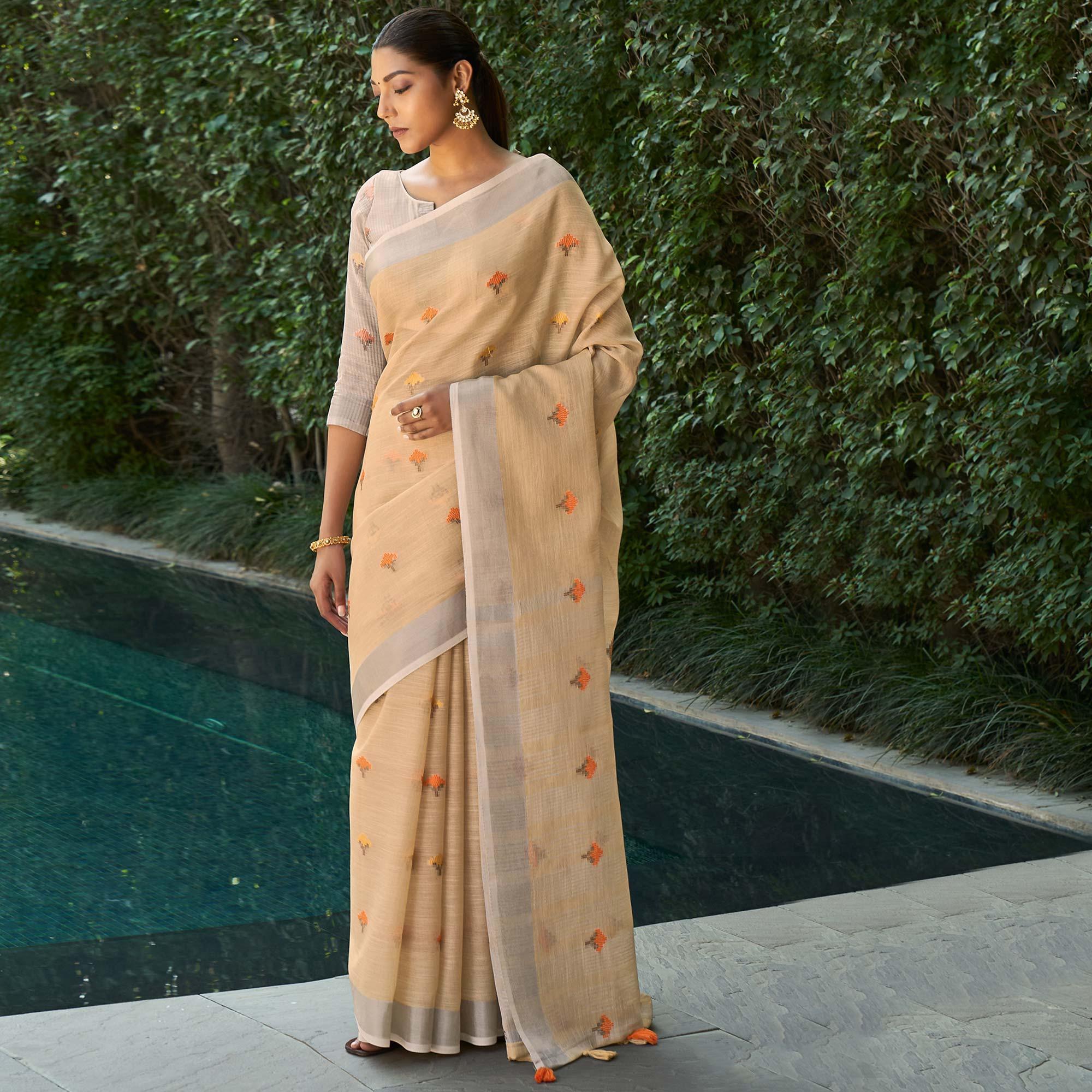 Beige Casual Wear Embroidered Linen Saree - Peachmode