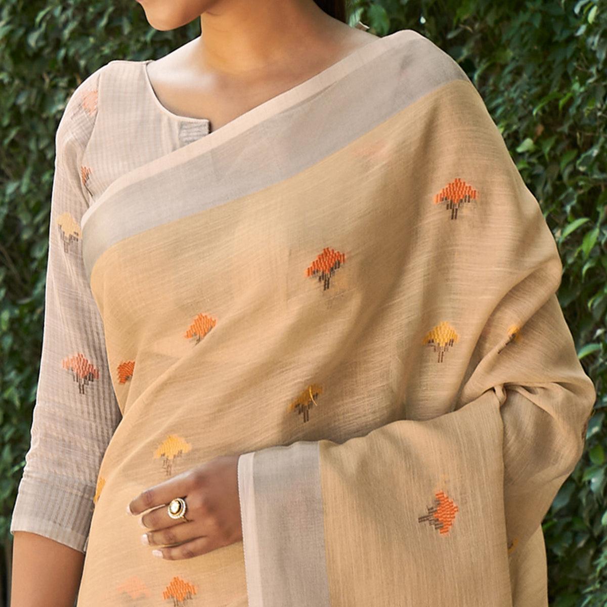 Beige Casual Wear Embroidered Linen Saree - Peachmode
