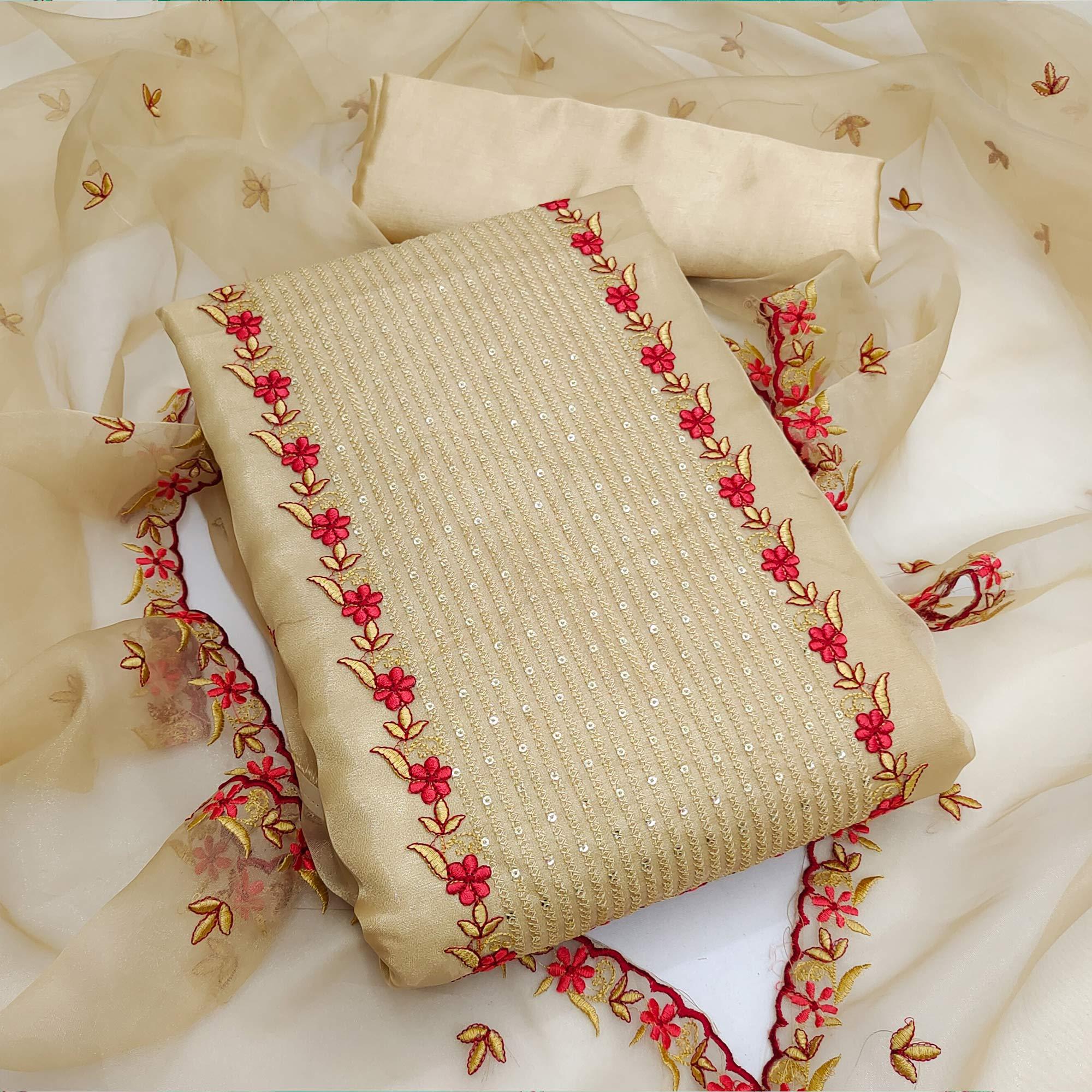 Beige Casual Wear Embroidered Organza Dress Material - Peachmode