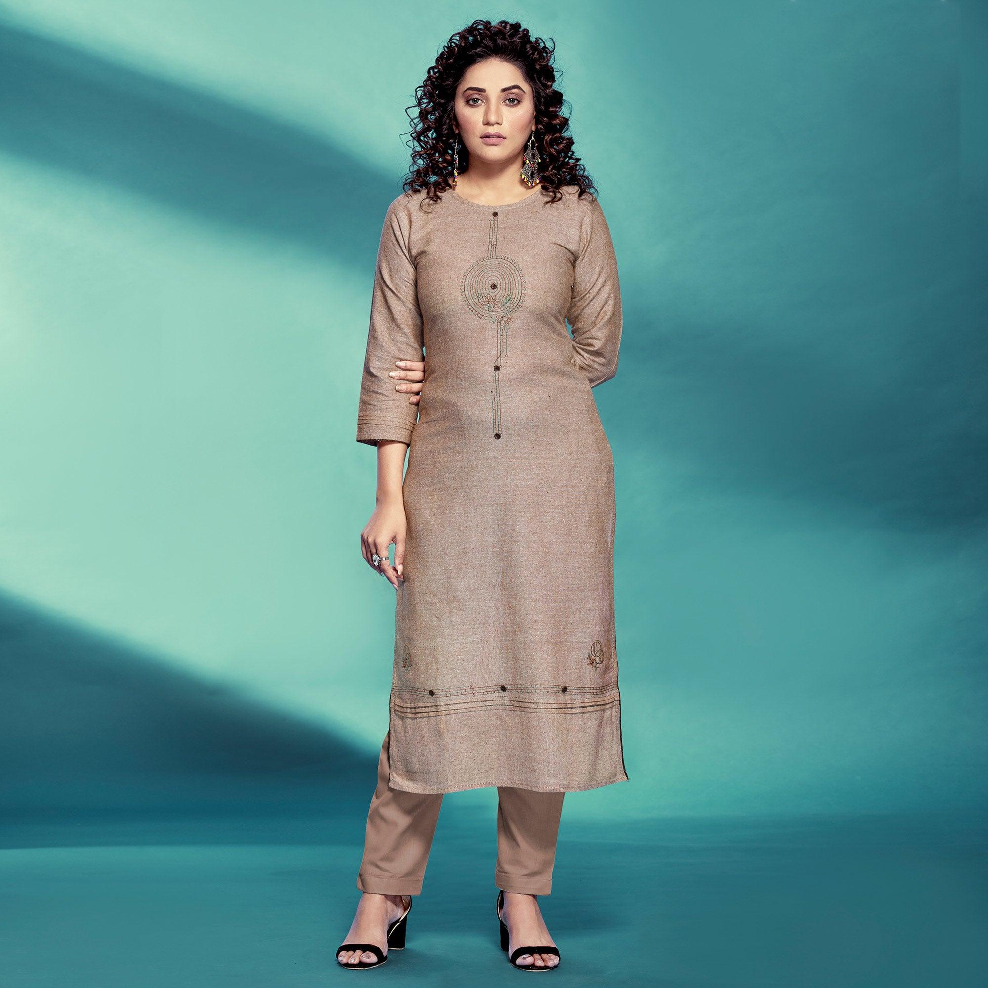 Beige Casual Wear Embroidered Pure Cotton Kurti - Peachmode