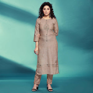 Beige Casual Wear Embroidered Pure Cotton Kurti - Peachmode