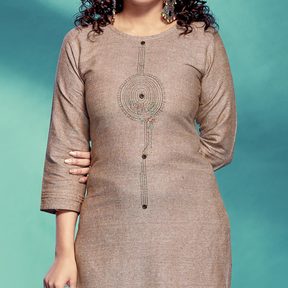 Beige Casual Wear Embroidered Pure Cotton Kurti - Peachmode