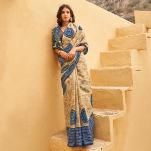 Beige Casual Wear Fancy Printed Linen Saree - Peachmode