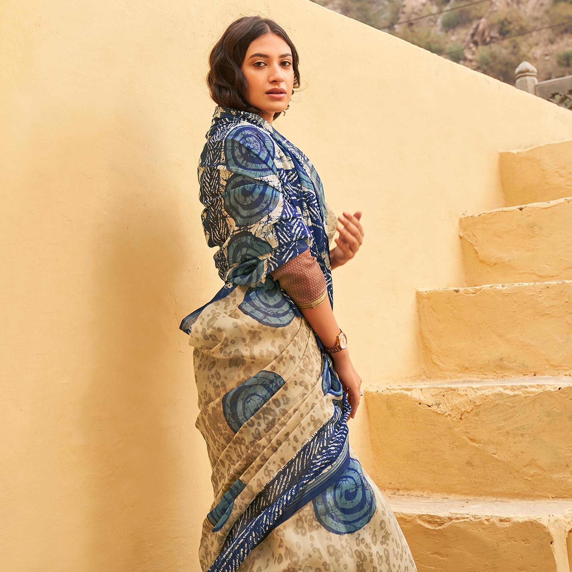 Beige Casual Wear Fancy Printed Linen Saree - Peachmode