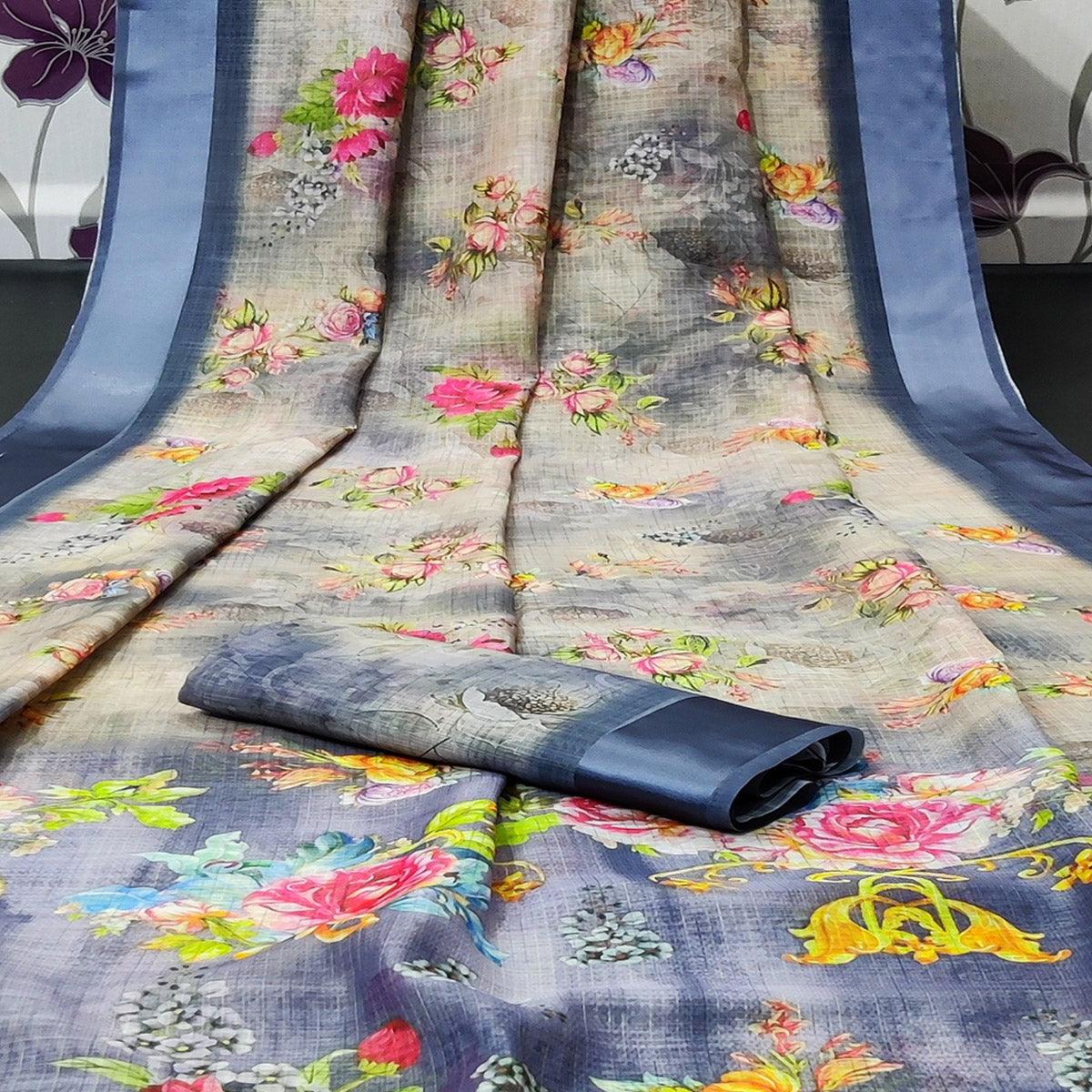 Beige Casual Wear Floral Digital Printed Linen Saree With Satin Border - Peachmode