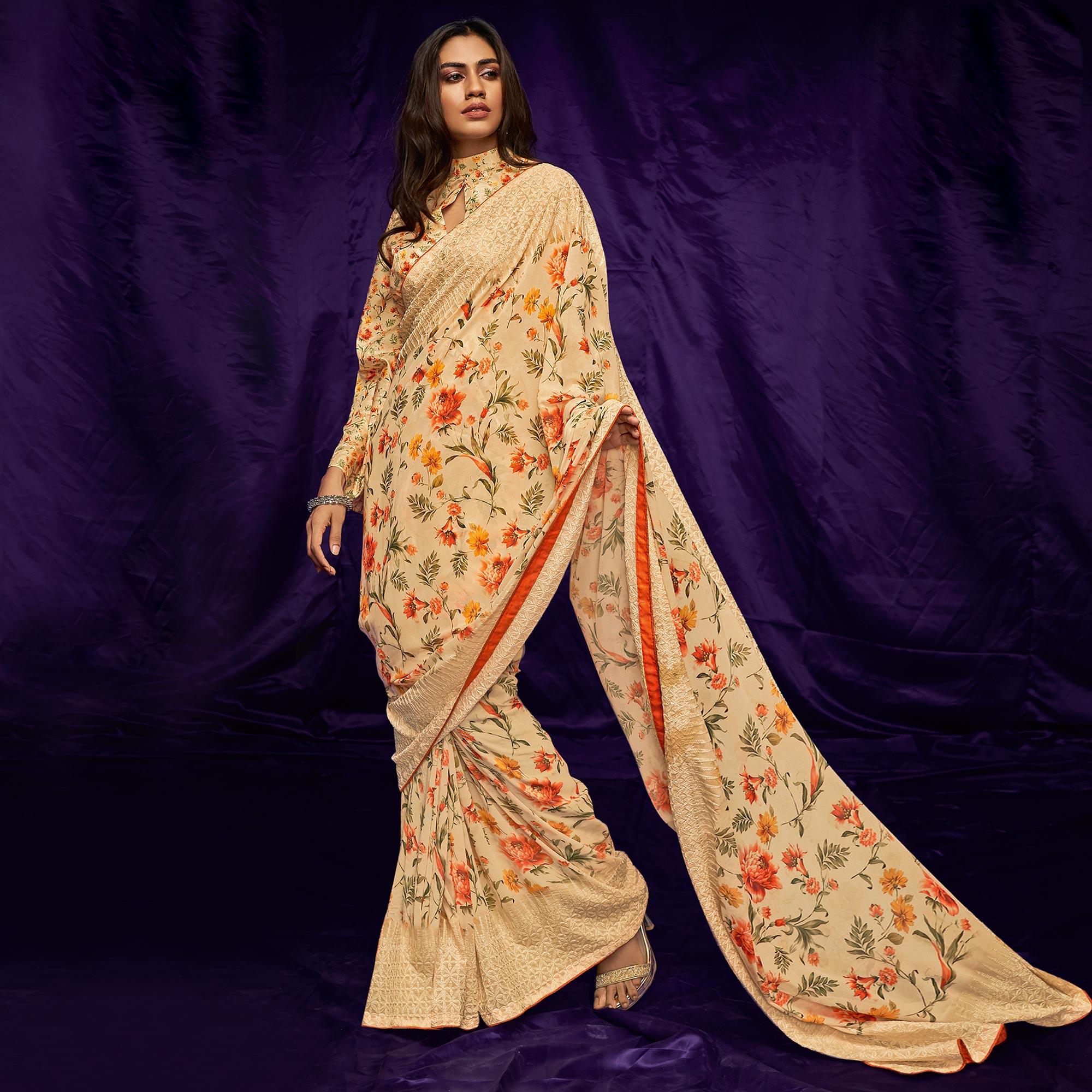 Beige Casual Wear Floral Digital Printed Pure Georgette Saree - Peachmode