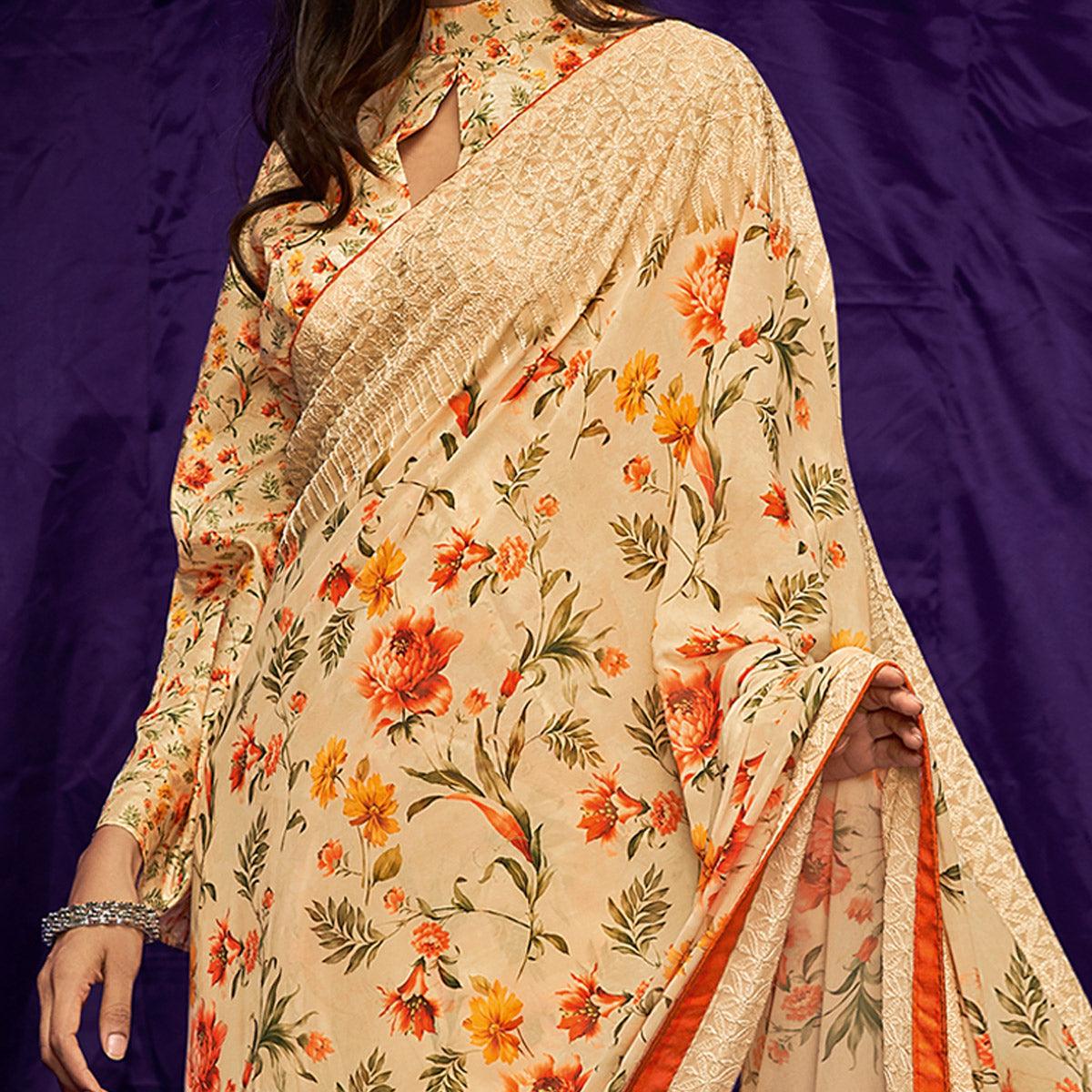 Beige Casual Wear Floral Digital Printed Pure Georgette Saree - Peachmode