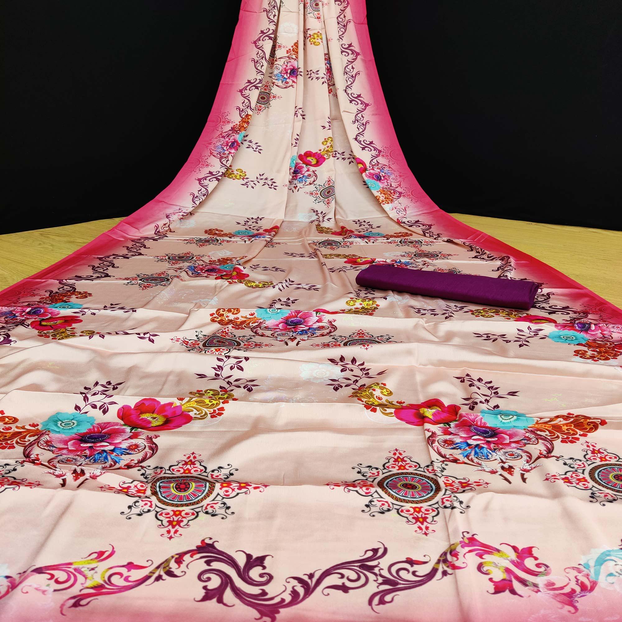 Beige Casual Wear Floral Digital Printed Satin Saree - Peachmode